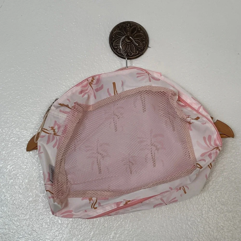 Hang Accessories Travel Organizer Bag Pink White Floral Mesh Pocket Zipper Case